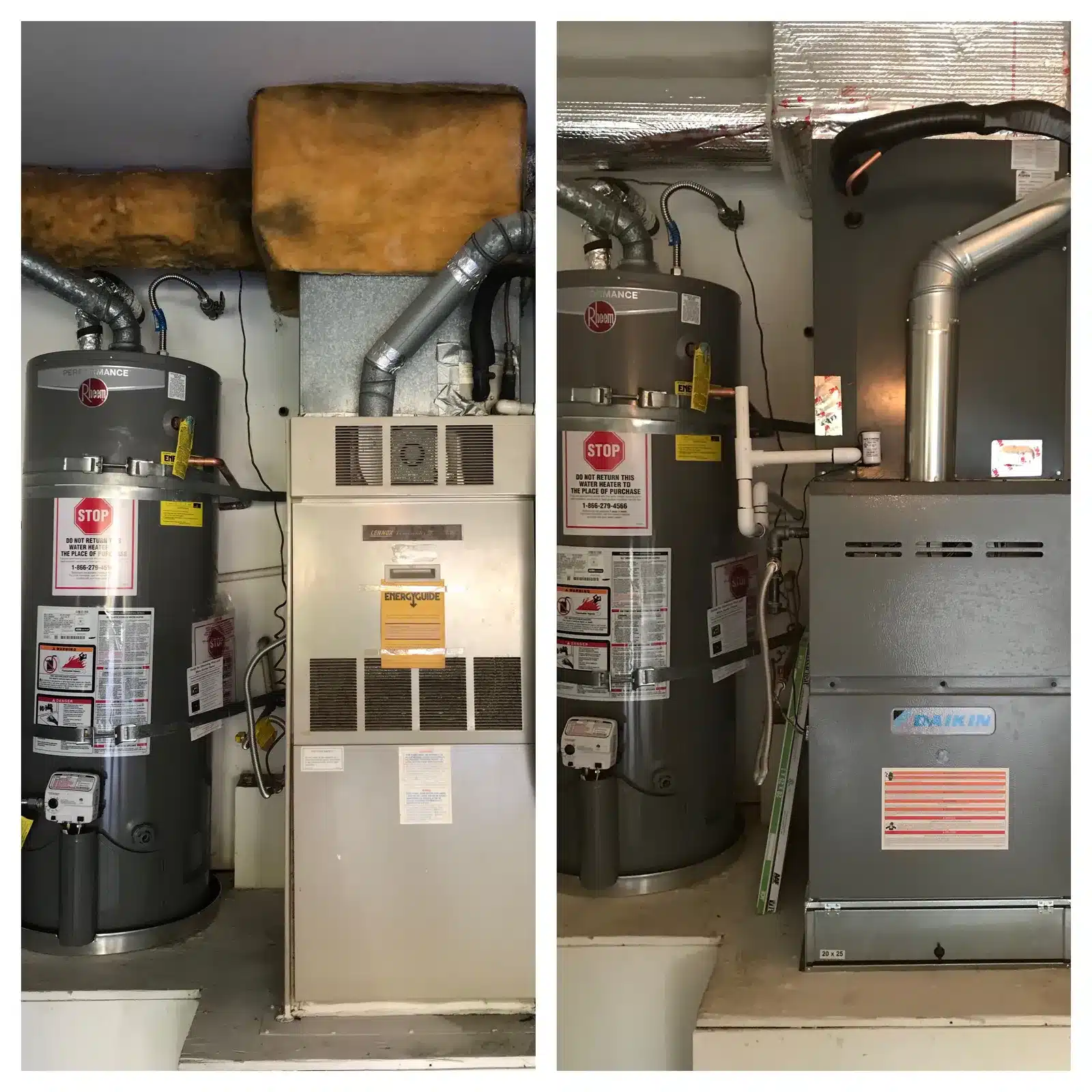 Before and after: an old garage furnace and the new Daikin furnace that replaced it